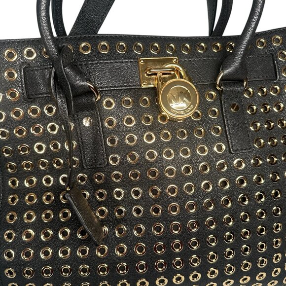 Michael Kors Black Leather Gold Studded Grommet Hamilton Tote - Picture 8 of 16